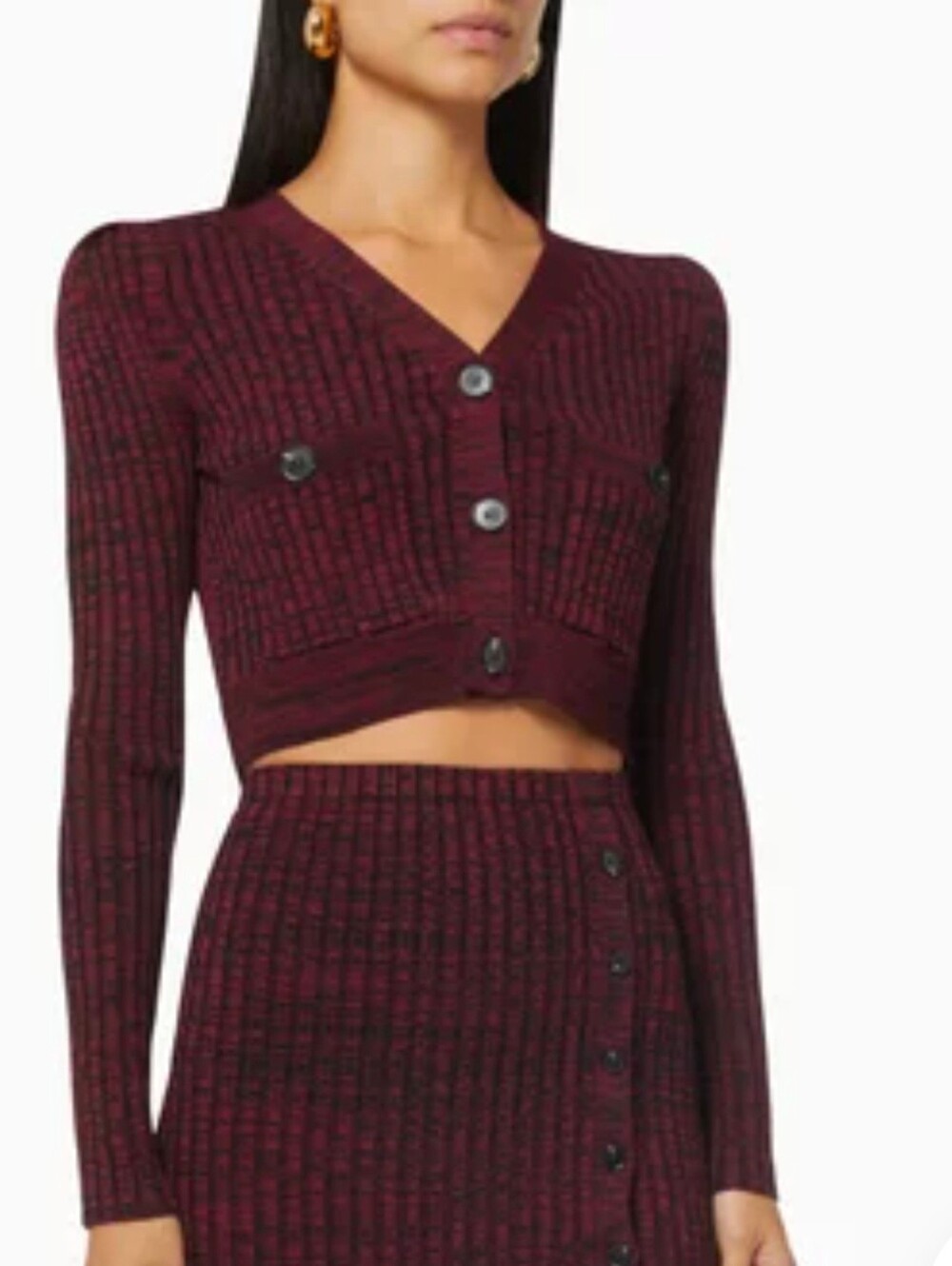 Self Portrait Cropped Ribbed V-Neck Cardigan Sweater Burgundy size small